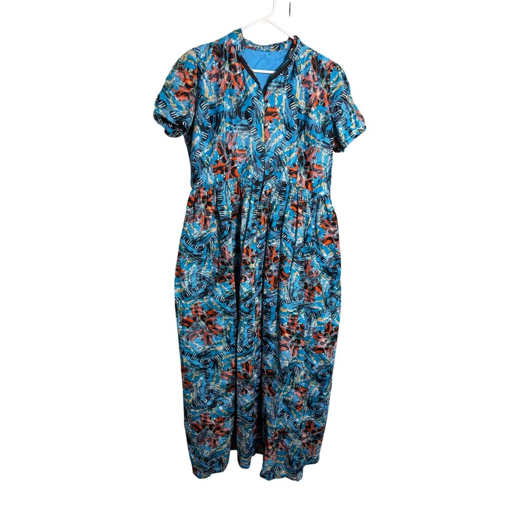 Abstract Print Maxi Dress Womens Teal Orange Short Sleeve Artsy Boho 21" P2P